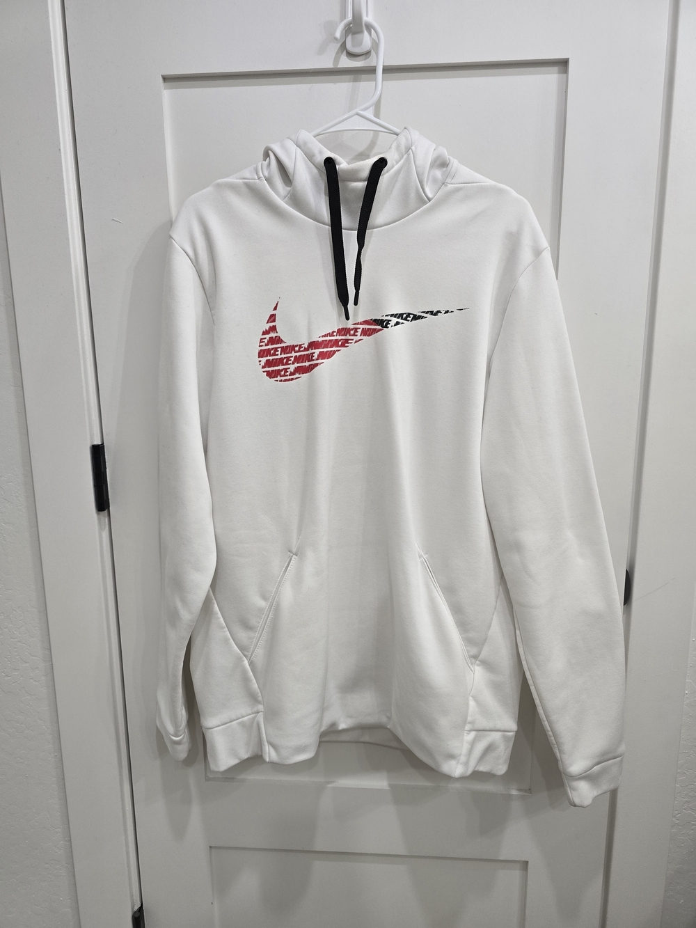 Nike Men's White Pullover Hoodie with Red Swoosh